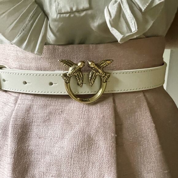 PINKO Love Birds Leather Thin Belt Gold XS - Picture 1 of 3